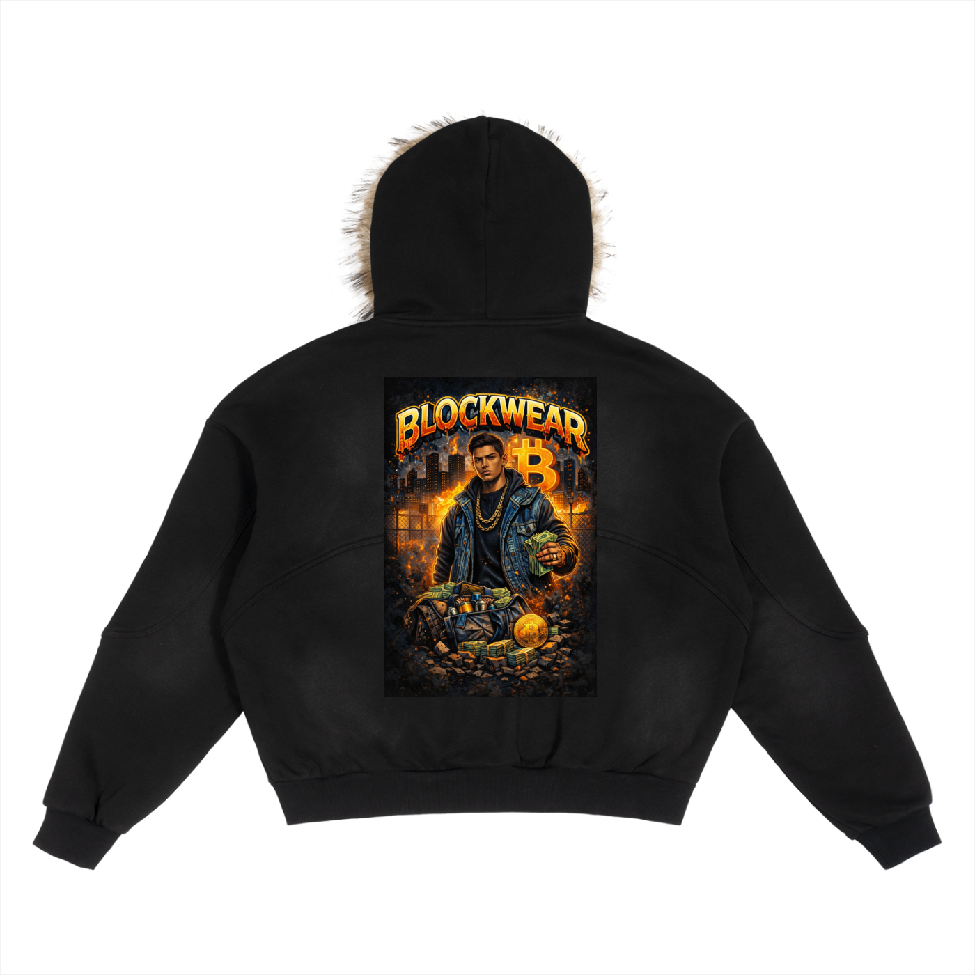 BlockWear Crypto Hustle Sun-Fade Boxy Detachable Fur Hoodie – Urban Bitcoin Edition