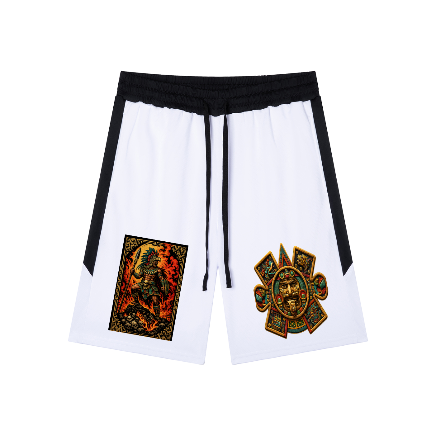 BlockWear Aztlán Warrior Flame Men’s Drawstring Active Shorts – Sacred Mexica Streetwear Athletic Fit