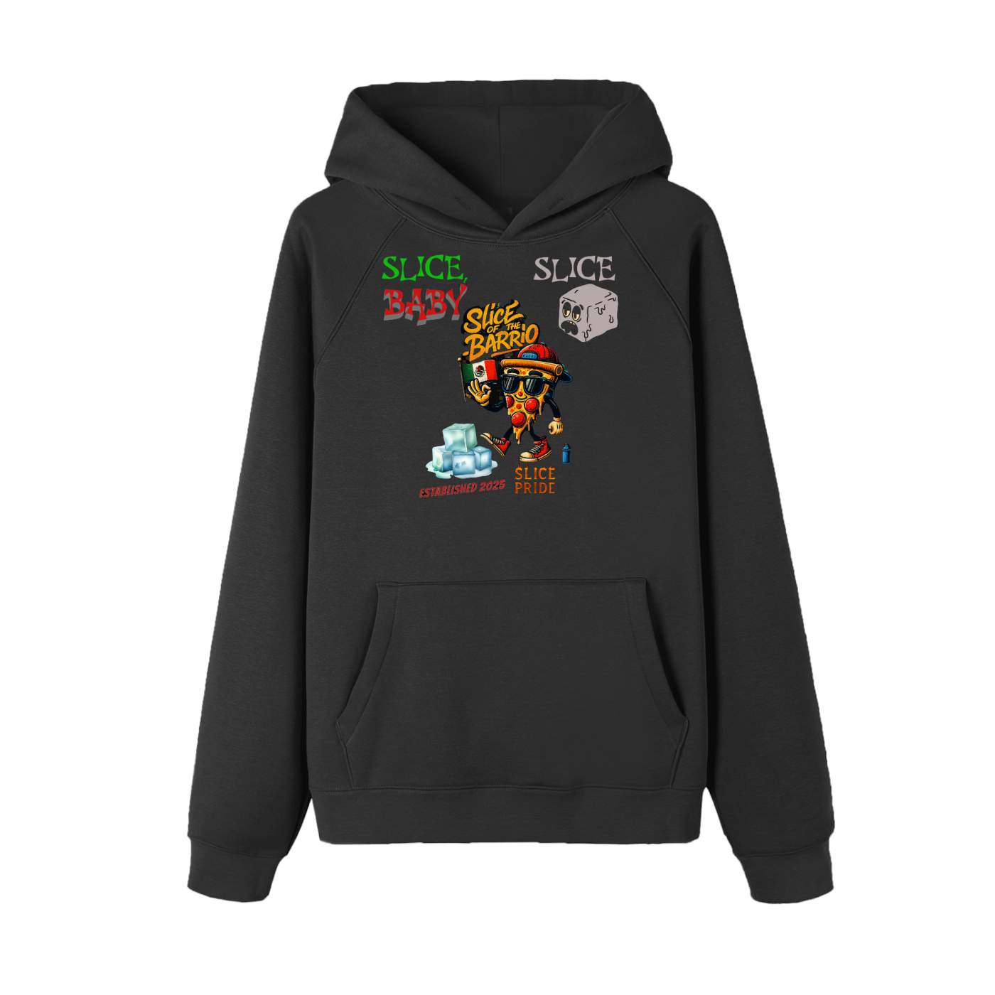 Essential Raglan Sleeve Fleece Hoodie “Slice & Sizzle” — cheeky and bold, like the hoodie itself