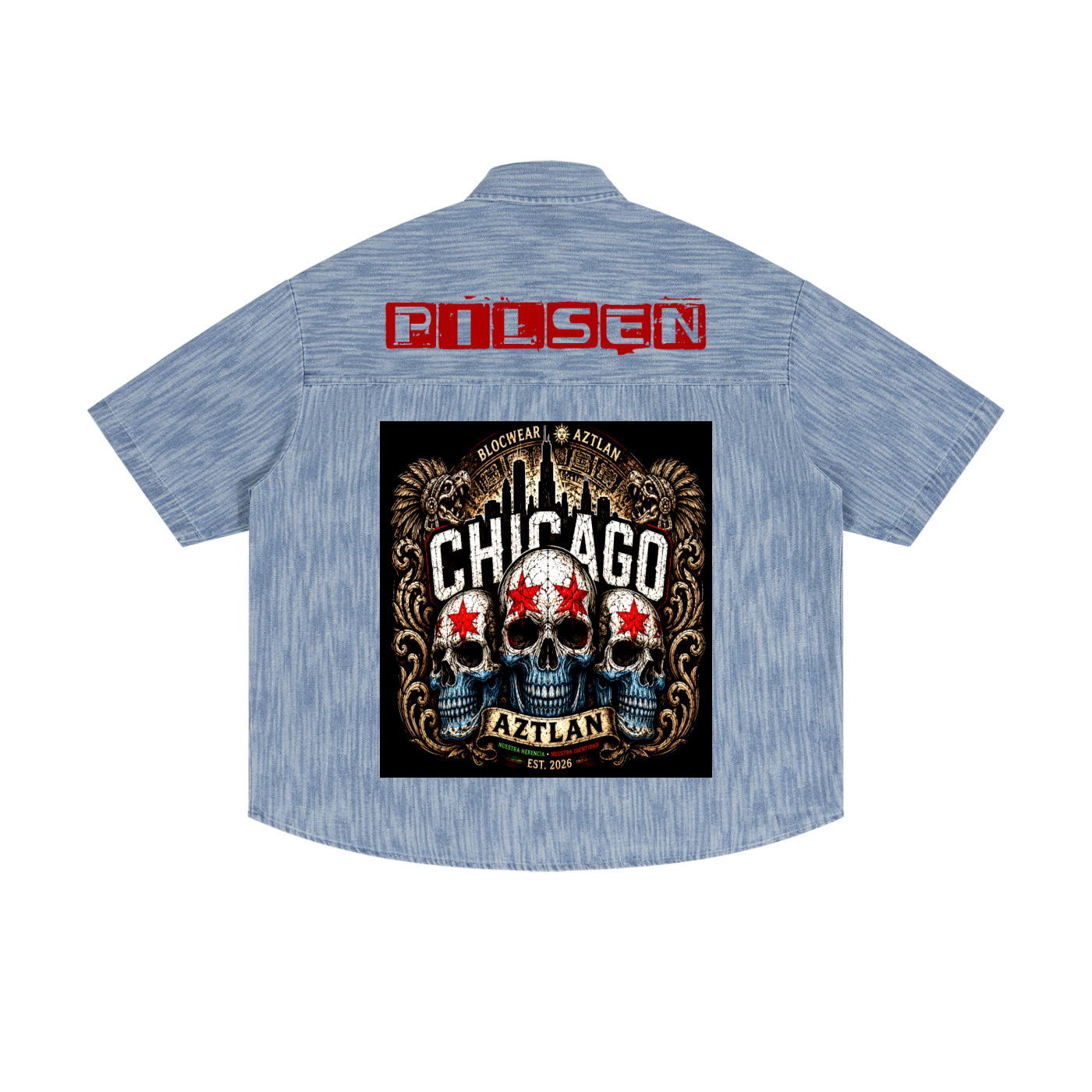 BlockWear Aztlán Pilsen Chicago Vintage Denim Shirt – Skull Heritage Edition
