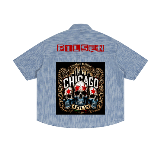 BlockWear Aztlán Pilsen Chicago Vintage Denim Shirt – Skull Heritage Edition