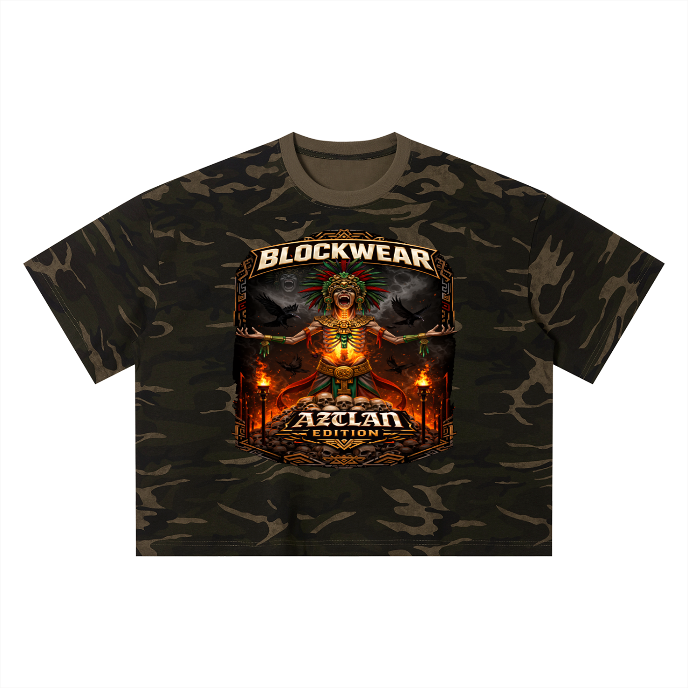“BlockWear Aztlán: Fire Ritual Warrior Camo Boxy Tee — Ascension Edition”