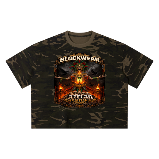 “BlockWear Aztlán: Fire Ritual Warrior Camo Boxy Tee — Ascension Edition”