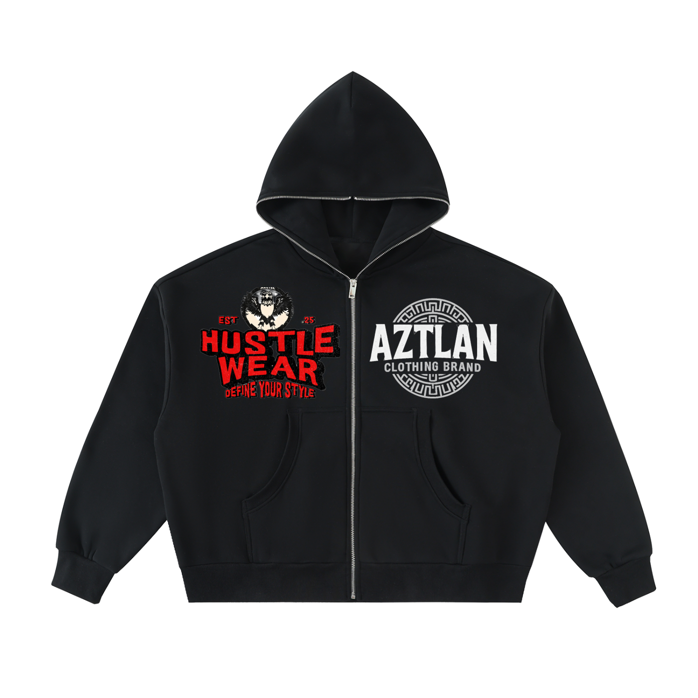 Fleeced Full-Zip Boxy Hoodie "Aztlan Authority" — bold, boxy, and built to lead