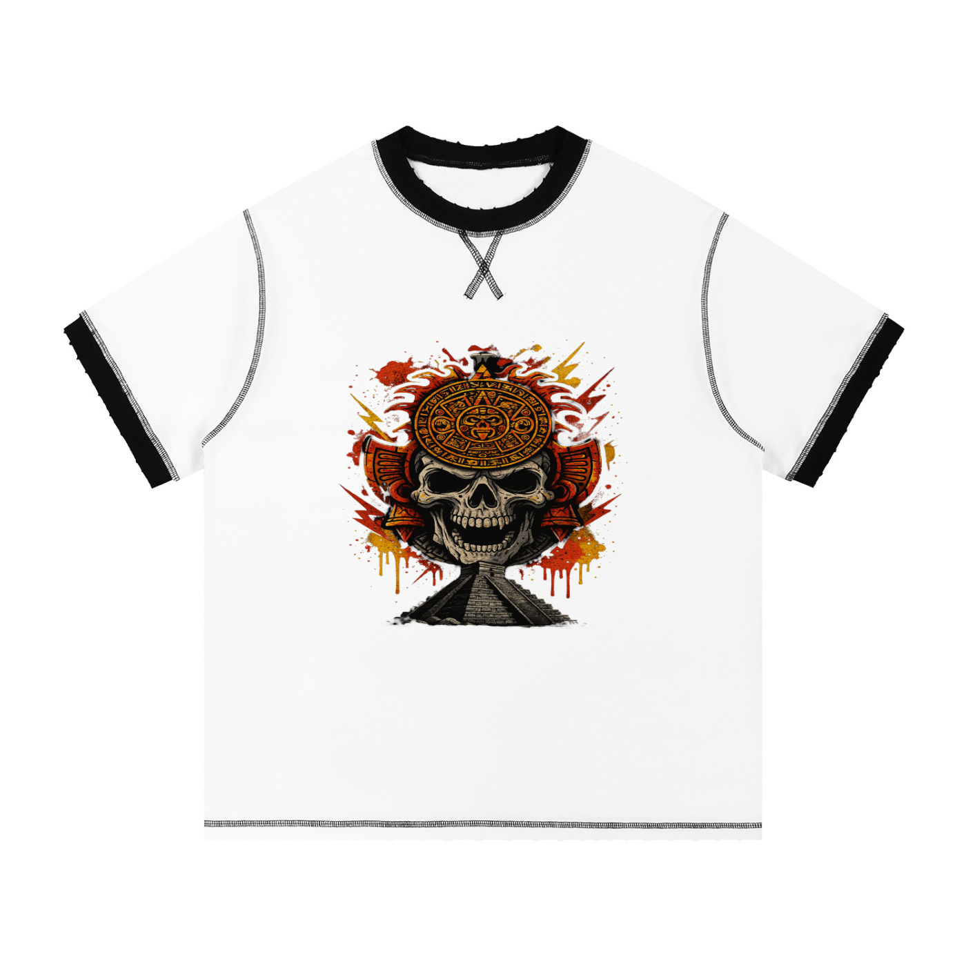 🔥 Aztlan Sun Skull Contrast-Stitched Tee – Streetwear Rebirth Edition