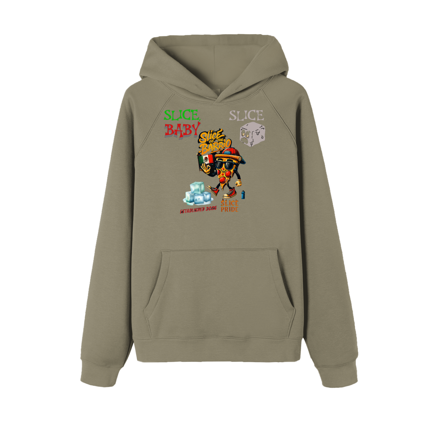 Essential Raglan Sleeve Fleece Hoodie “Slice & Sizzle” — cheeky and bold, like the hoodie itself