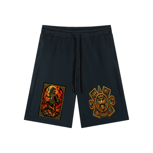 BlockWear Aztlán Warrior Flame Men’s Drawstring Active Shorts – Sacred Mexica Streetwear Athletic Fit