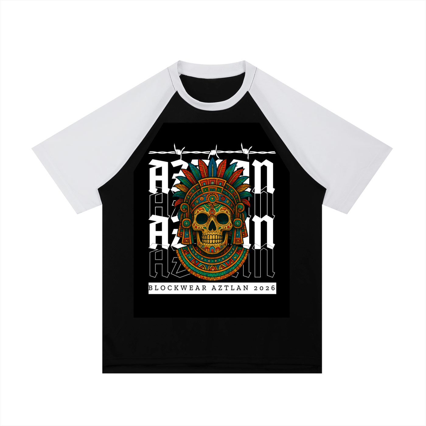 BlockWear Aztlán: Sacred Skull & Warrior Sigil Raglan Mesh Tee — Dual Legacy Edition