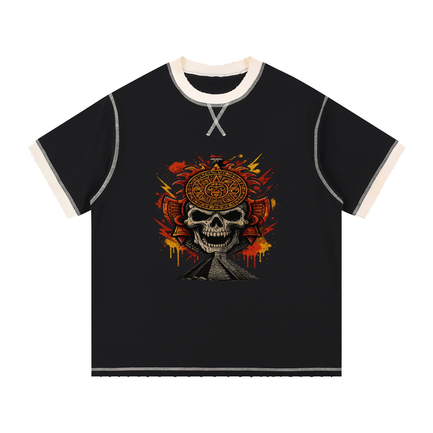 🔥 Aztlan Sun Skull Contrast-Stitched Tee – Streetwear Rebirth Edition