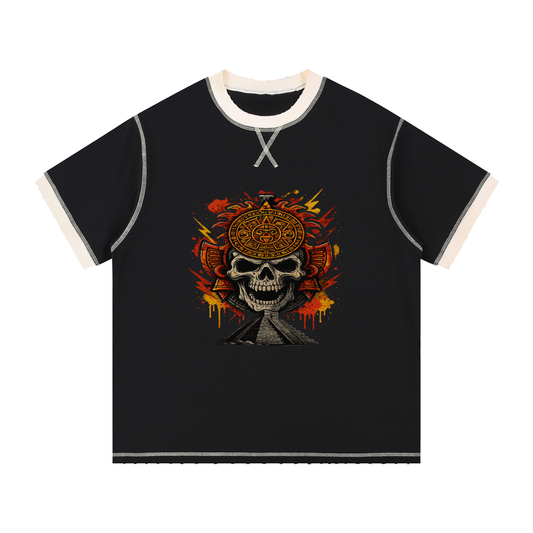 🔥 Aztlan Sun Skull Contrast-Stitched Tee – Streetwear Rebirth Edition