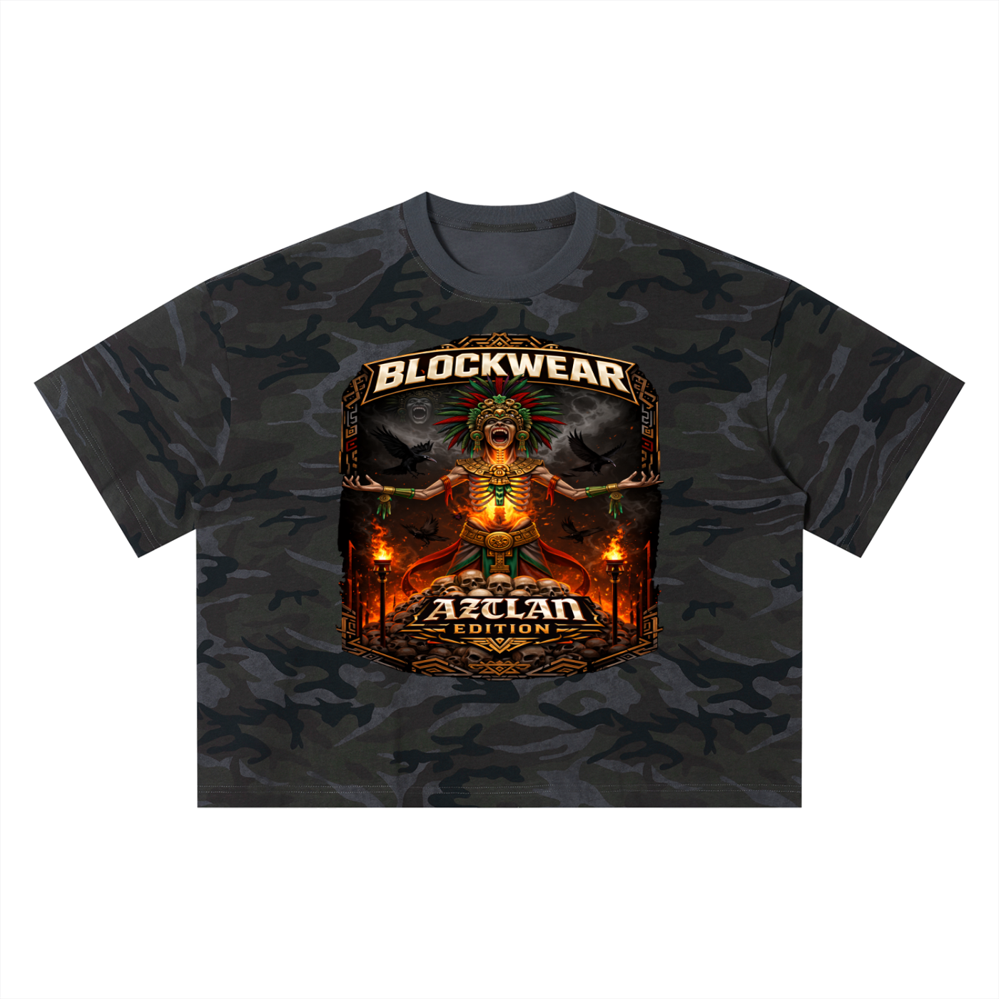 “BlockWear Aztlán: Fire Ritual Warrior Camo Boxy Tee — Ascension Edition”